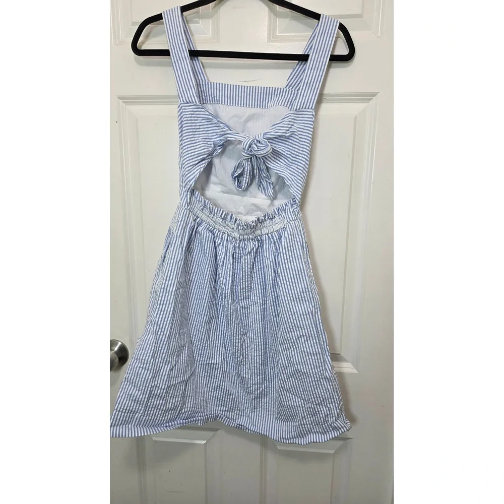 J.Crew Seersucker Dress Womens XXS Blue White Striped Tie Back Cutout Pockets - Picture 3 of 7